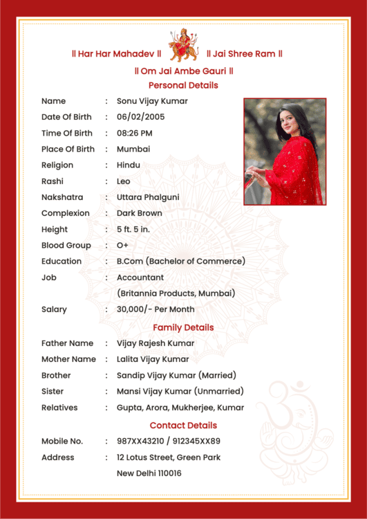 Bio data format for matrimonial purposes featuring a girl in a red kurta with a Lord Ambe Gauri Mata icon.