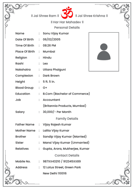 Biodata example for marriage with a red Om symbol, groom details, and a photo placeholder on the right.
