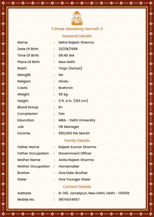 This is a clean single-column biodata for marriage in english layout featuring traditional motifs and modern typography.