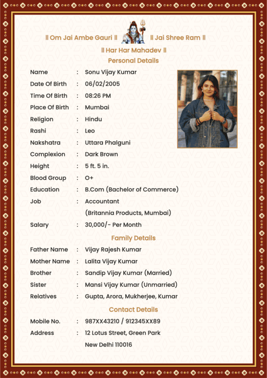 Biodata format for marriage template with girl in denim jacket, brown border and golden edge.