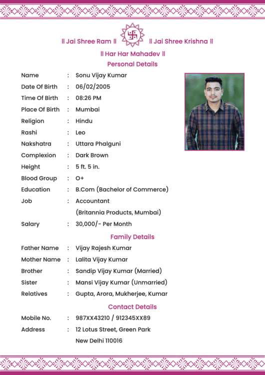 Marriage biodata template featuring swastik hindu symbol on top with elegant black text layout.