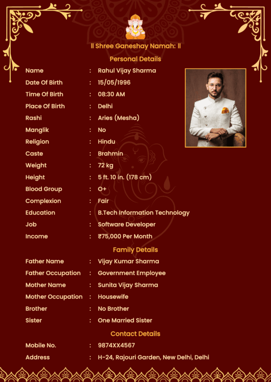 An english biodata format design preview with traditional mandala watermark and gold typography.