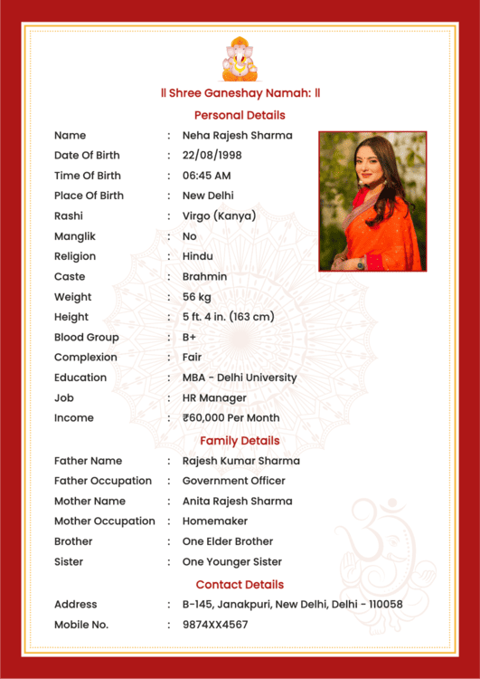 An english biodata maker design preview showing a traditional mandala watermark and a girl photo in red dress.