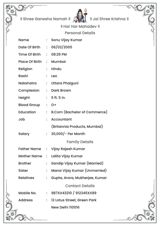 Graceful format for biodata marriage with a white background, a black border design, and a centered Lord Shiva icon.