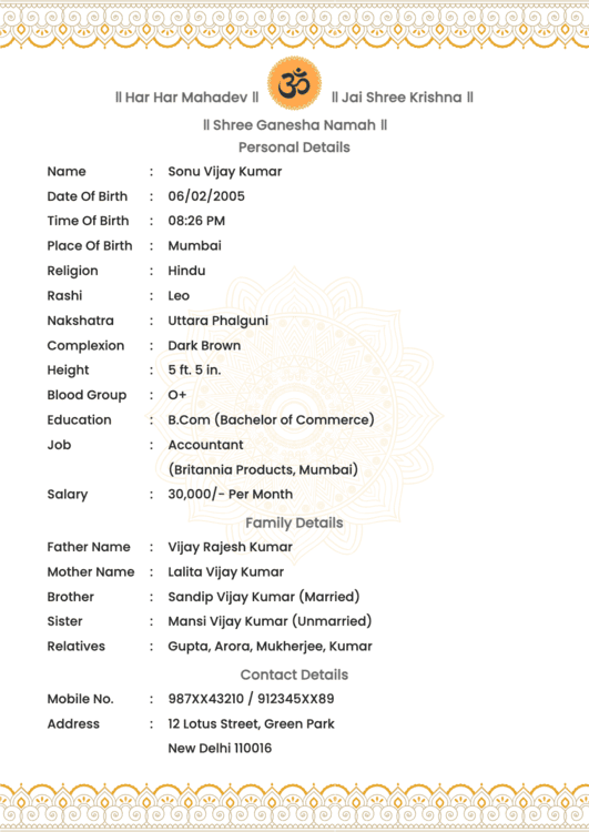 Marital biodata featuring a peaceful yellow Om icon and stylish golden decorative lines.