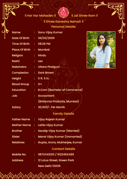 Luxury marriage biodata format for a girl wearing a blue dress with well-arranged personal information.