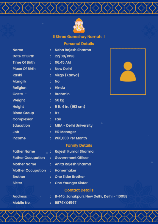 A preview of a marriage biodata format in english featuring a royal blue gold layout and Lord Ganesha header.