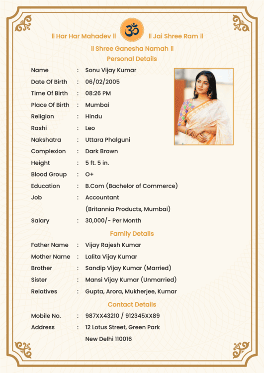 Wedding biodata format showcasing a girl in a saree, Om symbol, and a clean golden border.
