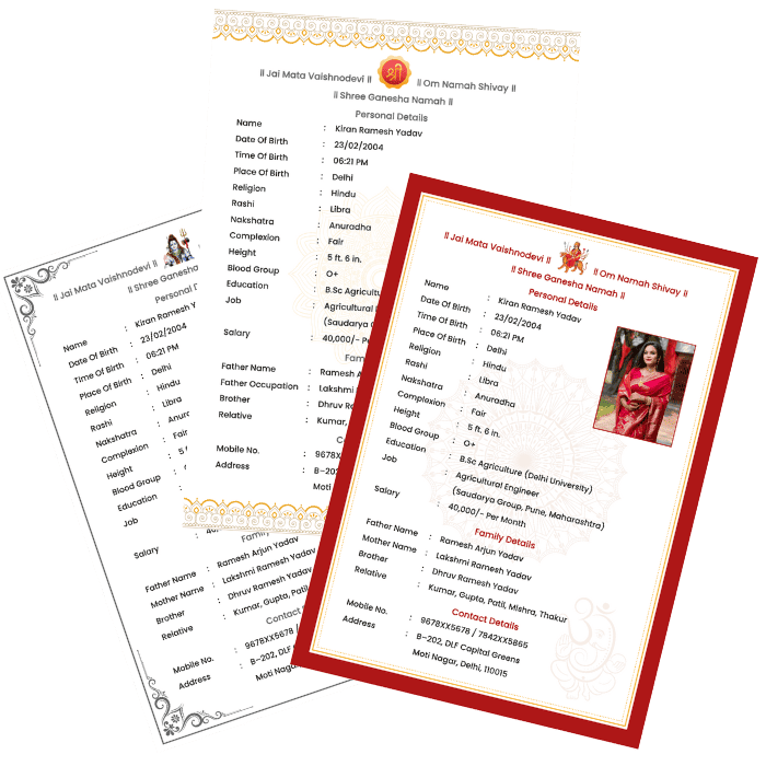 Sample marriage bio data templates with a red-saree clad girl's photo on right.